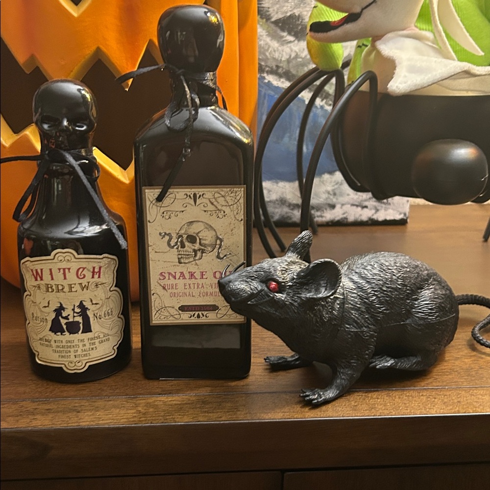 Halloween Witch Brew and Snake Oil Decor with Black Rat